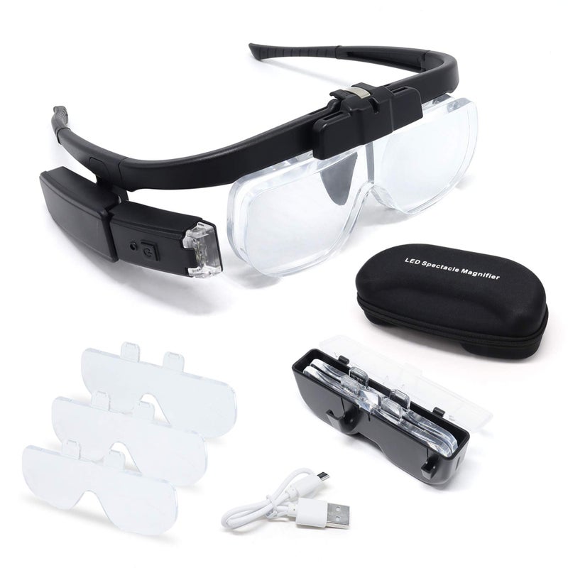 Reliancer LED Head Mount Magnifier Glasses with 3 Detachable Lenses 2 Led Professional Jeweler Loupe Light USB Rechargeable Hands Free Headband Magnifying Glass for Reading Watch & Electronic Repair Sewing - Image 1